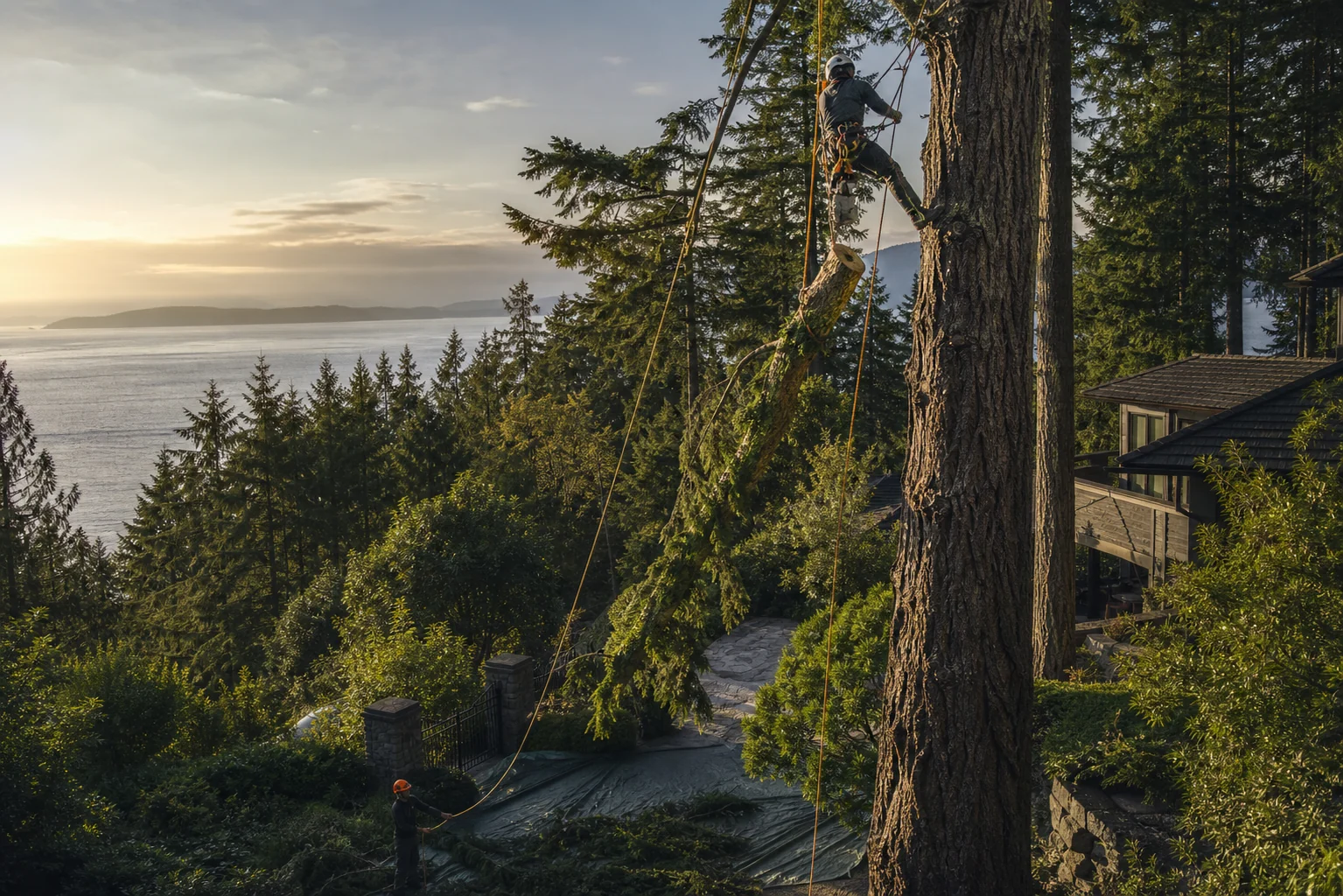 Arborist rigging a large Douglas fir beside a Nanaimo home